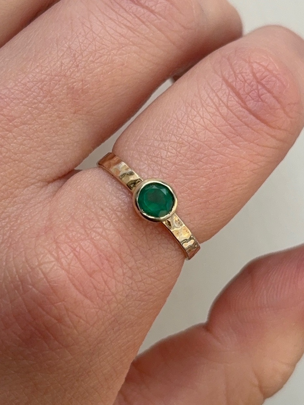 Sterling Silver Hammered Two Tone Ring with Green Bezel Set Gemstone